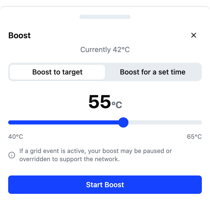 The boost dialog open, letting the user set a target temperature before boosting.